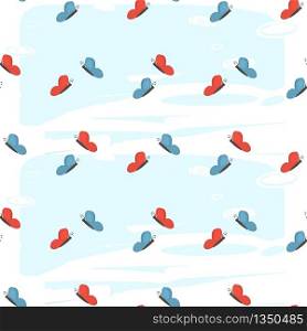 Cute Doodle Seamless Pattern with Flying Butterflies on Sky Background. Red and Blue Beautiful Creatures Ornament for Textile or Wrapping Paper Design, Summer Holidays Cartoon Flat Vector Illustration. Cute Doodle Seamless Pattern Flying Butterflies
