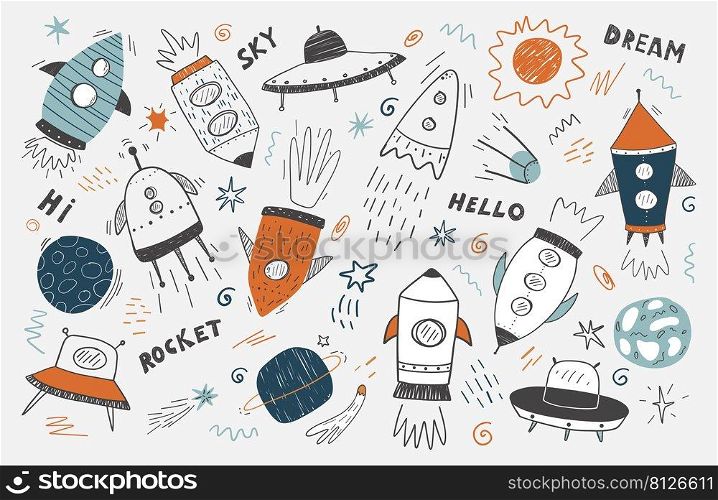 Cute doodle Space set, rocket, planet, ufo and more. Hand drawn kids style vector illustration. Space adventure, space explorer, technology, spaceship concept.. Cute doodle Space set, rocket, planet, ufo and more. Hand drawn kids style vector illustration. Space adventure, space explorer, technology, spaceship concept