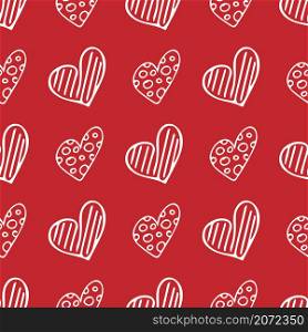 Cute doodle style hearts seamless vector pattern on red. Valentine&rsquo;s Day handwritten background. Different heart shapes and silhouettes. Hand drawn ornament.. Cute doodle style hearts seamless vector pattern. Valentine&rsquo;s Day handwritten background. Different heart shapes and silhouettes. Hand drawn ornament.