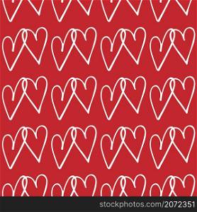 Cute doodle style hearts seamless vector pattern on red. Valentine&rsquo;s Day handwritten background. Different heart shapes and silhouettes. Hand drawn ornament.. Cute doodle style hearts seamless vector pattern. Valentine&rsquo;s Day handwritten background. Different heart shapes and silhouettes. Hand drawn ornament.
