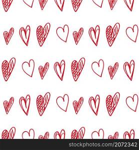 Cute doodle style hearts seamless vector pattern on white. Valentine&rsquo;s Day handwritten background. Different heart shapes and silhouettes. Hand drawn ornament.. Cute doodle style hearts seamless vector pattern. Valentine&rsquo;s Day handwritten background. Different heart shapes and silhouettes. Hand drawn ornament.