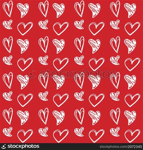 Cute doodle style hearts seamless vector pattern. Valentine&rsquo;s Day handwritten background. Marker drawn different heart shapes and silhouettes. Hand drawn ornament.. Cute doodle style white hearts seamless vector pattern on red background. Valentine&rsquo;s Day handwritten background.