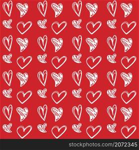 Cute doodle style hearts seamless vector pattern. Valentine&rsquo;s Day handwritten background. Marker drawn different heart shapes and silhouettes. Hand drawn ornament.. Cute doodle style white hearts seamless vector pattern on red background. Valentine&rsquo;s Day handwritten background.
