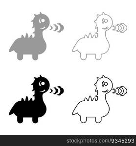 Cute dragon breathing fire set icon grey black color vector illustration image simple solid fill outline contour line thin flat style. Cute dragon breathing fire set icon grey black color vector illustration image solid fill outline contour line thin flat style