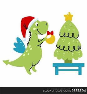 Cute dragon decorates Christmas tree. symbol of new year 2024 according to Eastern calendar.  illustration in style of doodles. Cartoon sticker.