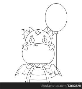 Cute dragon with a baloon. Festive toothy smiling green funny dinosaur with wings. Page for coloring book. Black and white vector illustration. Outline drawing. Kids coloring page.