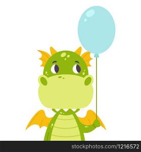 Cute dragon with a baloon. Festive toothy smiling green funny dinosaur with wings. Scandinavian style. Kids wall art. Nursery print. Vector illustration for printing postcard. Dino flat clipart.