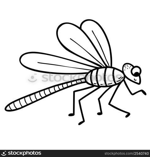 Cute dragonfly. Winged Insect. Linear hand drawing. Vector illustration. Character for design, decor, decoration and print