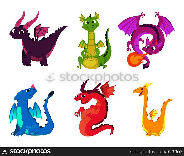 Cute dragons. Fairytale amphibians and reptiles with wings and teeth medieval fantasy wild creatures vector characters. Illustration of fantasy animal character, reptile mythology. Cute dragons. Fairytale amphibians and reptiles with wings and teeth medieval fantasy wild creatures vector characters