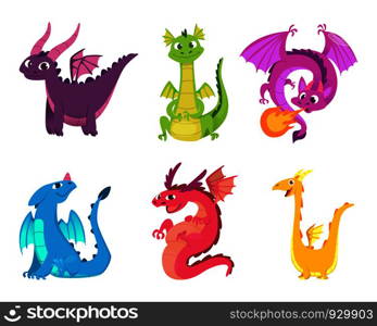 Cute dragons. Fairytale amphibians and reptiles with wings and teeth medieval fantasy wild creatures vector characters. Illustration of fantasy animal character, reptile mythology. Cute dragons. Fairytale amphibians and reptiles with wings and teeth medieval fantasy wild creatures vector characters
