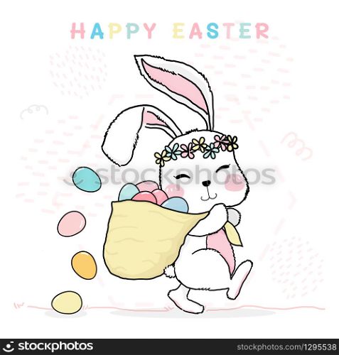 cute drawing line flower wreath bunny happy easter holding sack of pastel colorful eggs