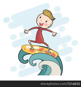 cute drawing surf boy on surfboard floating on big wave, flat vector cartoon