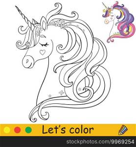Cute dreaming head of unicorn. Coloring book page with colorful template. Vector cartoon illustration isolated on white background. For coloring book, preschool education, print, design,decor and game. Coloring vector cute dreaming head of unicorn