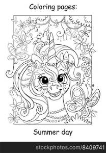 Cute dreaming unicorn with flowers and butterflies. Coloring book page for kids. Vector cartoon illustration isolated on white background. For coloring book, education, print, game, decor, design. Cute dreaming unicorn with with butterflies coloring book page