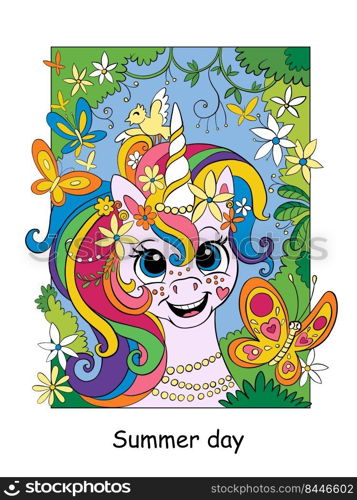 Cute dreaming unicorn with flowers and butterflies. Vector colorful cartoon illustration isolated on white background. For coloring book, education, print, game, decor, puzzle, design. Cute dreaming unicorn with with butterflies color illustration