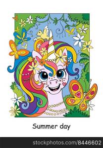 Cute dreaming unicorn with flowers and butterflies. Vector colorful cartoon illustration isolated on white background. For coloring book, education, print, game, decor, puzzle, design. Cute dreaming unicorn with with butterflies color illustration