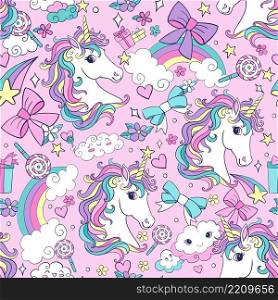 Cute dreaming unicorns head with magic elements and rainbows seamless pattern on purple background. Vector hand drawn illustration for print, wallpaper, design, decor, goods, bed linen and apparel. Cute unicorns head with magic elements vector seamless pattern