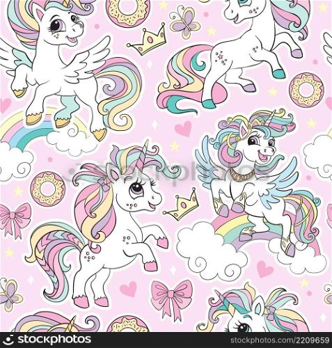 Cute dreaming unicorns with sweets and magic elements seamless pattern on pink background. Vector hand drawn illustration for print, wallpaper, design, decor, goods, bed linen and apparel. Cute unicorns with magic elements vector seamless pattern pink