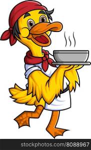 cute duck cartoon character is a professional chef and carries a big bowl of soup of illustration