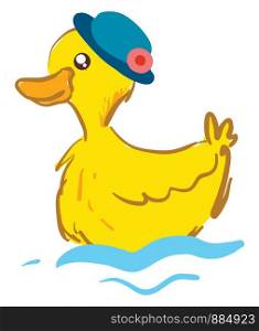 Cute duck wearing a hat, illustration, vector on white background.