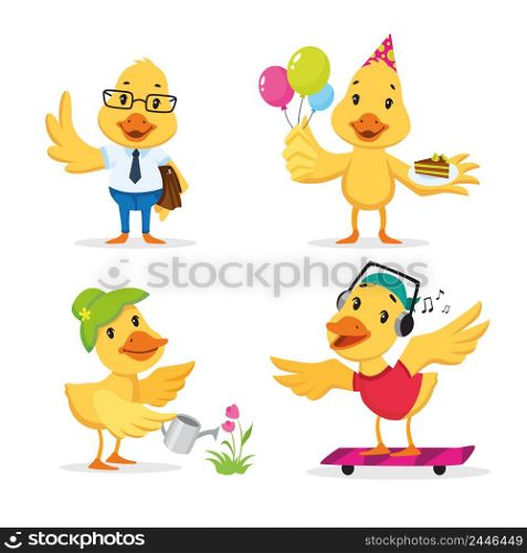 Cute duckling enjoying different actions. Cartoon character set. Going to work, celebrating birthday, gardening, skateboarding. Vector illustration can be used for kindergarten, elementary school