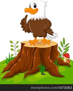 Cute eagle cartoon on tree stump