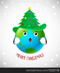 Cute Earth Character with Christmas tree hat. Merry Christmas and Happy New Year world. Illustration on snow background.