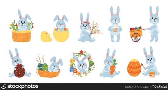 Cute easter baby bunny. Cartoon bunnies drawing, rabbit with egg and flowers. Holiday eggs hunt, kids festive spring or new year classy vector characters of cute easter rabbit or bunny illustration. Cute easter baby bunny. Cartoon bunnies drawing, rabbit with egg and flowers. Holiday eggs hunt, kids festive spring or new year classy vector characters
