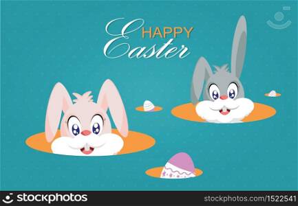 Cute Easter bunnies or easter rabbits and easter eggs isolated on blue background. Conceptual for Happy Easter ,vector illustration.