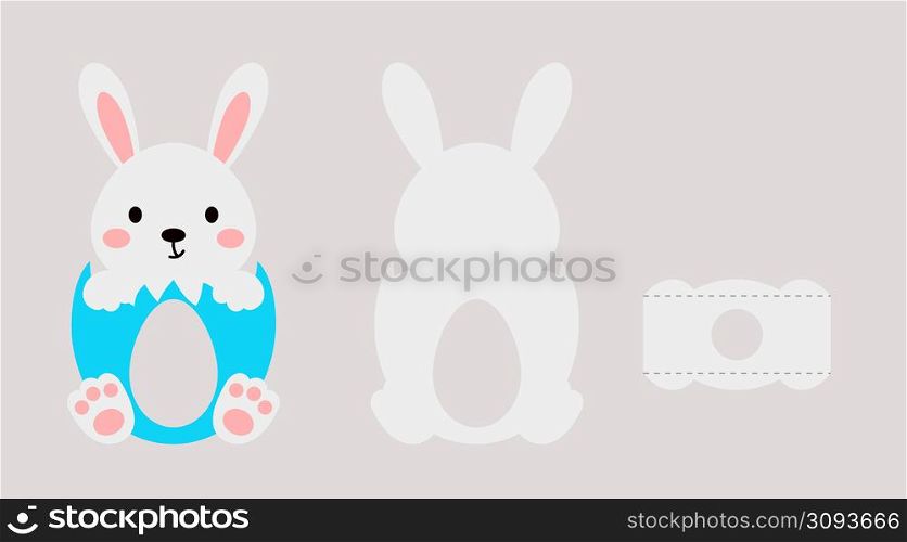 Cute easter bunny chocolate egg holder. Retail paper box for the easter egg. Printable color scheme. Print, cut out, glue. Vector stock illustration