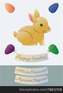 Cute Easter Bunny Greeting Card with two alternate language greetings, French and Spanish