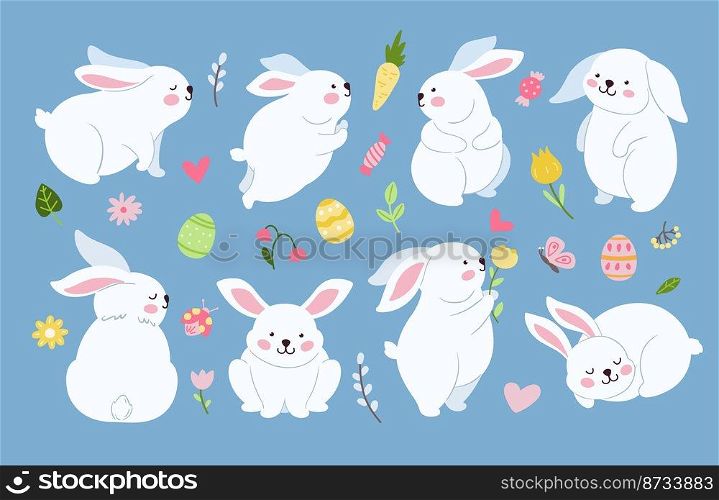 Cute easter bunny. Rabbits or bunnies on meadow with festive eggs and flowers. Sweet hare silhouettes, cartoon animals for child, neoteric folk vector set. Illustration of easter rabbit and bunny. Cute easter bunny. Rabbits or bunnies on meadow with festive eggs and flowers. Sweet hare silhouettes, cartoon animals for child, neoteric folk vector set