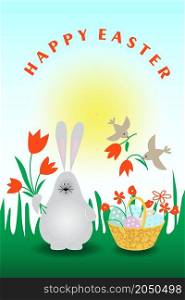 Cute Easter bunny with bouqet of flowers and bascket with Easter eggs. Greeting card. Vector illustration.