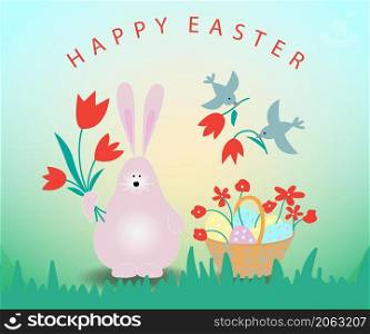 Cute Easter bunny with bouqet of flowers and bascket with Easter eggs. Greeting card. Vector illustration.