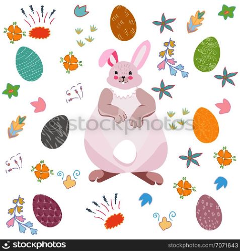 Cute Easter bunny with easter eggs background. Hand drawn doodle flowers. Vector illustration on white background.. Cute bunny with Easter eggs.