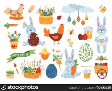 Cute easter cartoon elements. Garden animal, spring flowers decorations. Flat bunny and chicken, infant present seasonal festive classy vector kit of rabbit springtime, bunny with carrot. Cute easter cartoon elements. Garden animal, spring flowers decorations. Flat bunny and chicken, infant present seasonal festive classy vector kit
