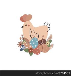  Cute Easter chicken with Easter eggs, flowers. Easter concept. vector illustration.  Cute Easter chicken. Design for Easter. vector illustration
