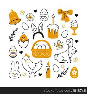 Cute Easter doodle set - bunny, basket, easter eggs, cakes, chicken, willow twigs and candles. Vector drawings illustration isolated on white background. Cute Easter doodle set - bunny, basket, easter eggs, cakes, chicken, willow twigs and candles