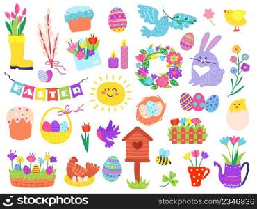Cute easter elements, hand drawn spring season doodles. Painted eggs in basket, bunny, flowers, birds, springtime holiday doodle vector set. Floral wreath, hatching chick, burning candles. Cute easter elements, hand drawn spring season doodles. Painted eggs in basket, bunny, flowers, birds, springtime holiday doodle vector set