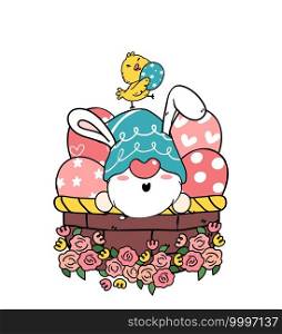 Cute easter Gnome bunny ears cartoon and yellow chick baby in Easter egg basket. Happy Easter, Cute doodle cartoon vector spring Easter clip art