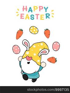 Cute easter Gnome bunny ears cartoon doing easter eggs Juggling, Happy Easter, Cute doodle cartoon vector spring Easter clip art