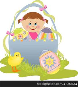 Cute Easter illustration with child, eggs and chick