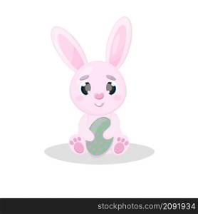Cute easter pink bunny sitting hugging easter egg Isolated vector illustrations on white background. Cute cartoon rabbit Pink Easter bunny with Easter egg in paws Isolated vector illustrations on white background