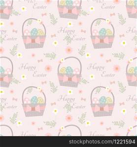Cute Easter seamless pattern with eggs in basket, Easter eggs and flowers.