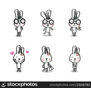 Cute easter white bunny. Rabbit cartoon vector collection. Cute Rabbit cartoon character set.