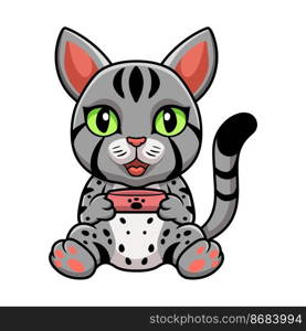 Cute egyptian mau cat cartoon holding food bowl