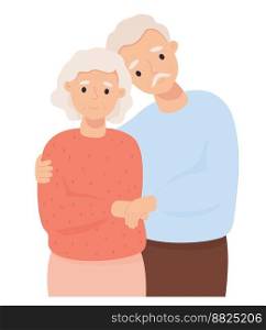 Cute elderly couple in love. Old, aged man hugging an old woman. Vector illustration of happy longevity and love. Holiday concept happy family grandpa and grandma for cards, valentines, design