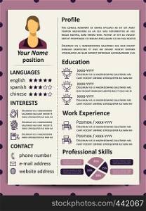 Cute elegance female resume template with infographics elements and line icons. Vector illustration. Female resume template with infographics elements and line icons