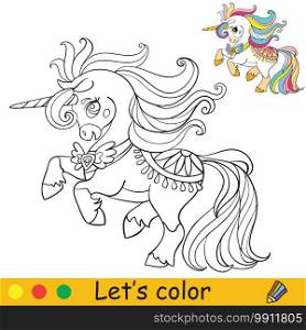 Cute elegant unicorn in dress. Coloring book page with colorful template. Vector cartoon illustration isolated on white background. For coloring book, preschool education, print and game.. Cute little unicorn with dress coloring vector