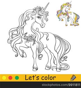 Cute elegant unicorn with flowers. Coloring book page with colorful template. Vector cartoon illustration isolated on white background. For coloring book, preschool education, print and game.. Cute elegant unicorn with flowers coloring vector
